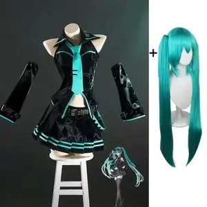VOCALOID Miku Stylist 16th Cosplay Costume & Wig Anime Black Lacquer Formula Uniform Halloween Carnival Night Party Dress