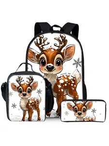 Cute little spotted deer printed backpack three piece set lunch bag pencil case backpack