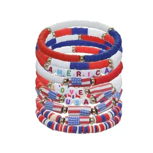 9Pcs American Flag Bracelet Patriotic Gifts Clay Beaded Stretch Red White and Blue Bracelets 4th of july Patriotic Jewelry for Women Men