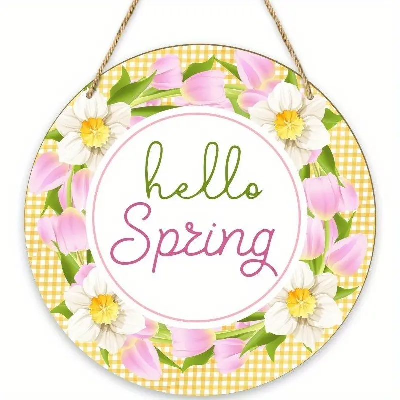 Hello Spring Easter Door Hanger, Classic Wooden Decoration with Floral Design, 9.2x9.2 Inches, Front Door Welcome, Home and Garden Decor, Flower Design