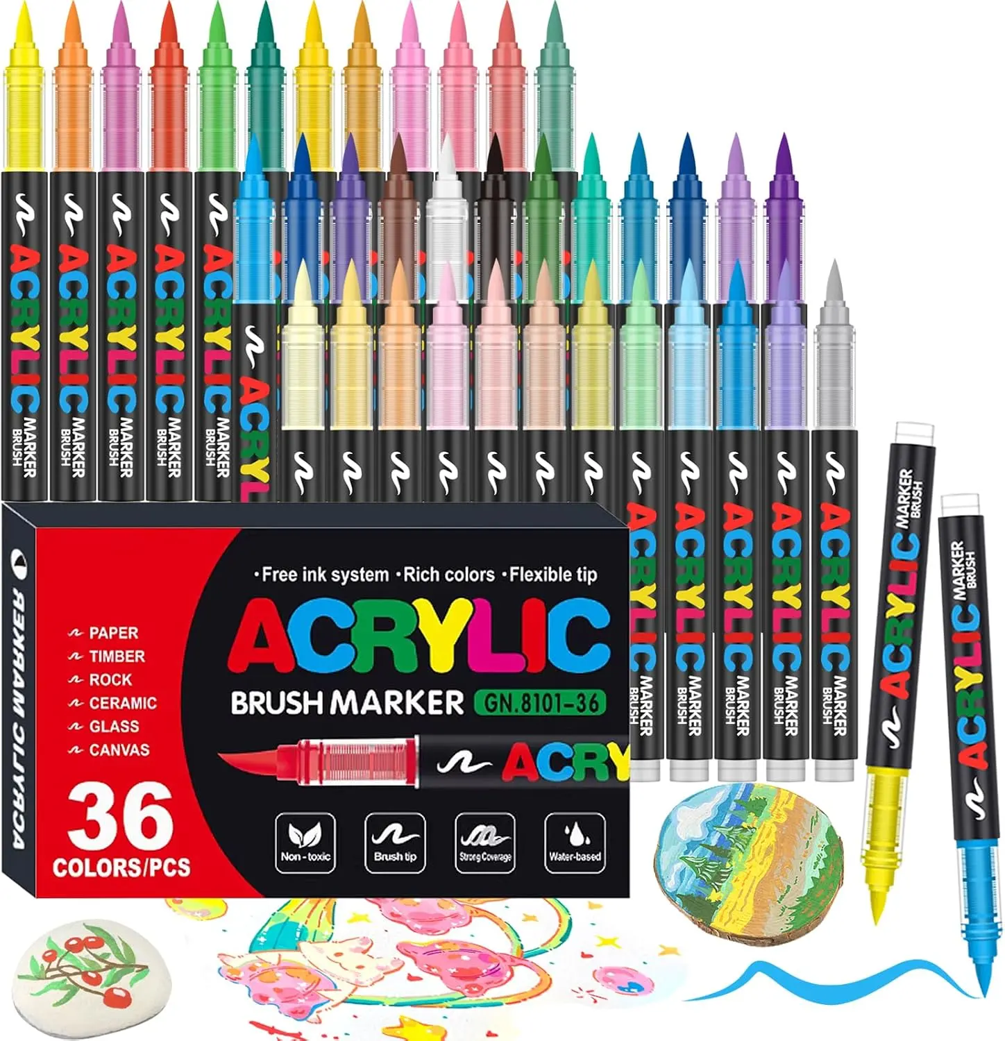 36 Colors Soft Brush Tip Acrylic Markers Set, Paint Pens for Rock, Wood, Fabric, Canvas, Glass, DIY Crafts, Waterproof Paint Markers, Vibrant Acrylic Pens for Artists and Art Projects
