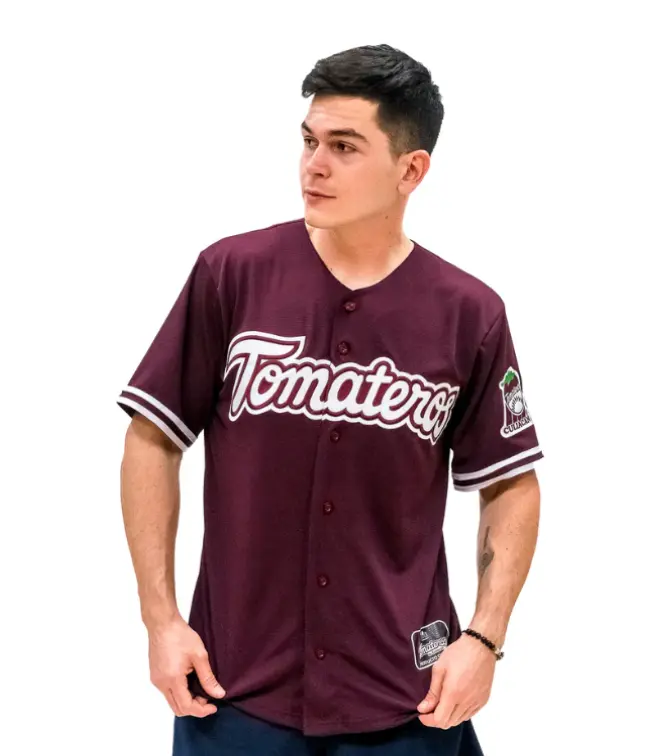 PLUM RED BASEBALL JERSEY WITH "TOMATEROS"