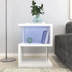 3 Tier S-Shaped End Table,High Gloss Side Table With Open Storage Shelf And USB Power Supply,White LED Coffee Table for Living Room,Bedroom.