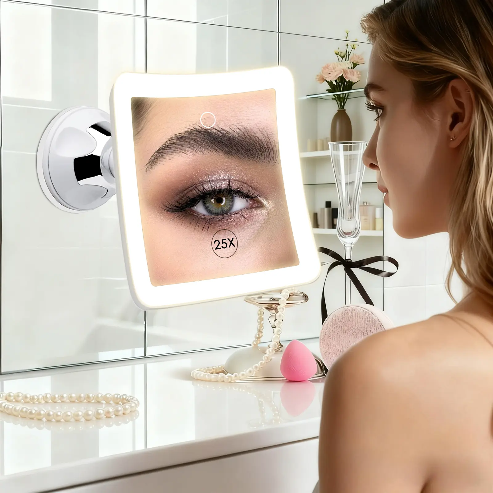 Rechargeable 25X Magnifying Makeup Mirror With Lights, 2000mAh Wall Mounted Mirror With 3 Color Lights, Dimmable Lighted Bathroom Mirror With 360° Rotation, Travel Accessories, LED Mirror With Suction Cup, Perfect For Birthday, Gifts for Women