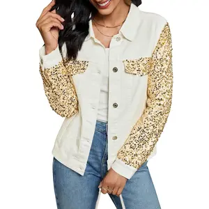 Luvamia Sequin Jackets Women Jean Long Sleeves Trendy Sparkly Night Out Party Concert Stretchy Denim Jacket with Pockets Soft Fabric Regular Fit Everyday Button Piece Coats Essential