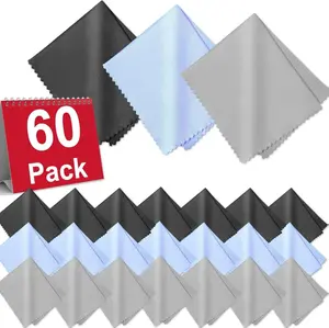 60-Pack Microfiber Cleaning Cloths for Glasses, 6x7 Inch Premium Lens Cleaning Cloth for Screens, Cameras, Eyeglasses, Cell Phone, LCD TV Screens，Black，Grey and Light Blue