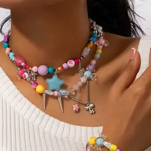 Colorful Candy Beaded Necklace Bracelet Set For Women | Cute Love Hearts & Stars Pendants | Perfect Fashion Jewelry Gift | Trendy Candy Beaded Set | Beautiful Gift For Girls