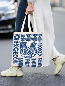 Canvas Bag Tote Bag Nordic Style Casual Commuter Bag, Base Indigo Print, Fits Suit T-Shirt Dress, Daily Use Student Career