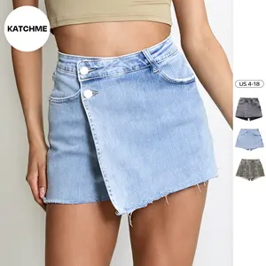 KatchMe Women's Leisure Layered High Waist Raw Hemline Denim Skorts, Chic Streetwear Outfits, Versatile Women's Summer Shorts(2)