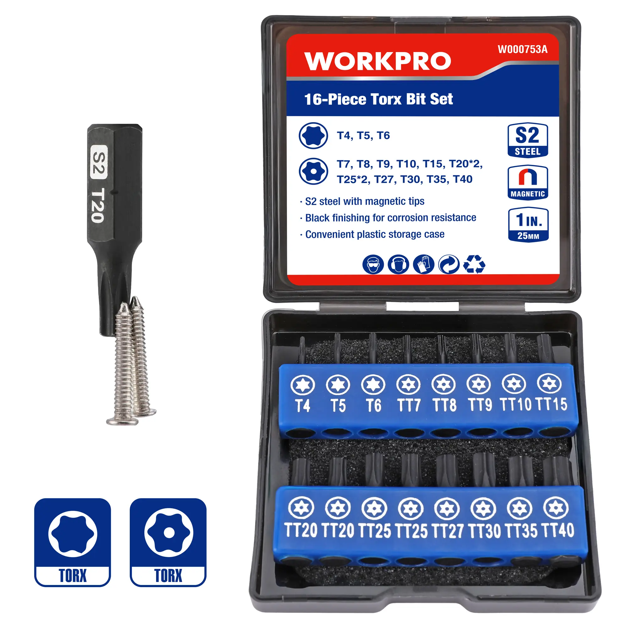 WORKPRO 16PCS Tamper-Proof Security Torx Screwdriver Bit Tool Kit Set, Magnetic Screwdriver Sets, S2 Steel, CNC Precision Machining, Heat Treated, Easy Size Identification for Torx Fastener Driving