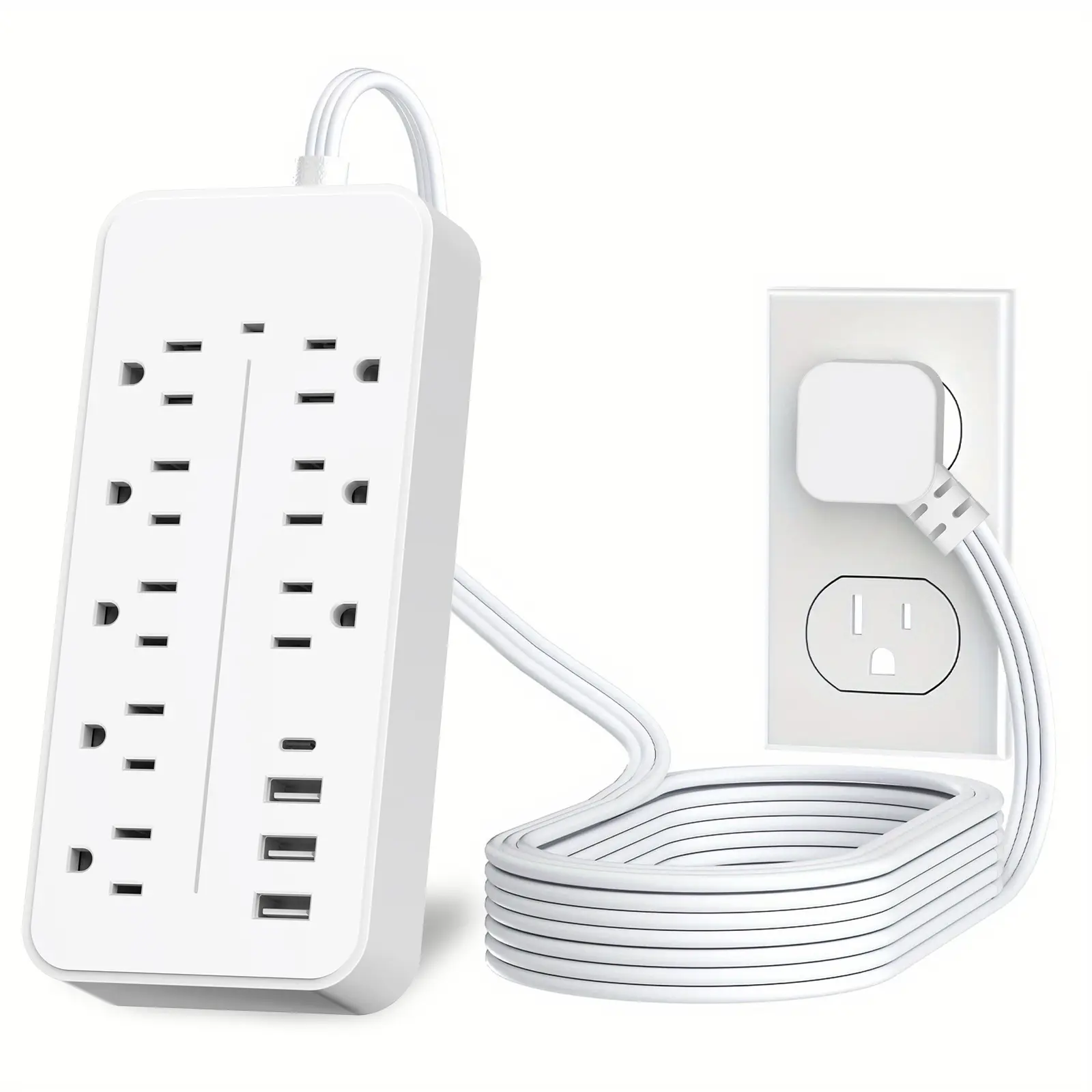 Flat Plug Surge Protector Power Strip With 5 Ft Flat Extension Cord, 4 USB Charging Ports (3 USB A Ports & 1 USB C Ports), 8 AC Outlets, Compact Desk