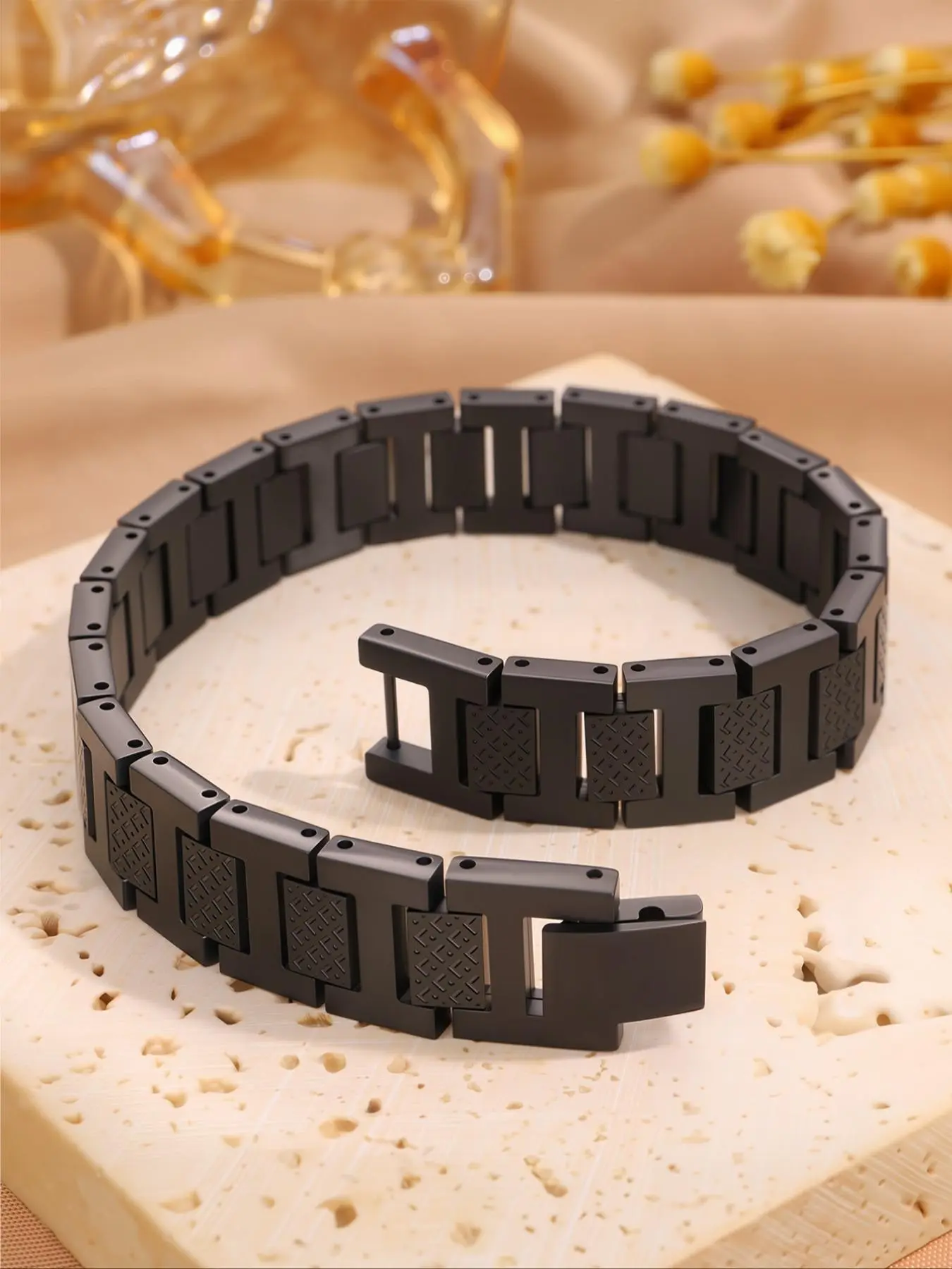 2 Colors Matte Black Silver H-Link Chain Fashionable Bracelet for Men Geometric Embossed Stainless Steel Punk Bangle Wide Statement Cuff Mens Jewelry Gift