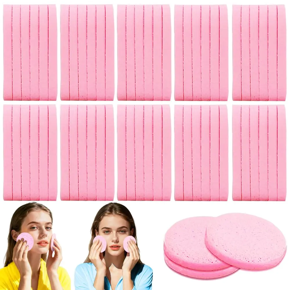 120 Pcs Facial Sponges Compressed,Face Cleansing Sponge,Makeup Removal Sponge Pads,Exating Wash Round Sponge for n,Girls,Pink