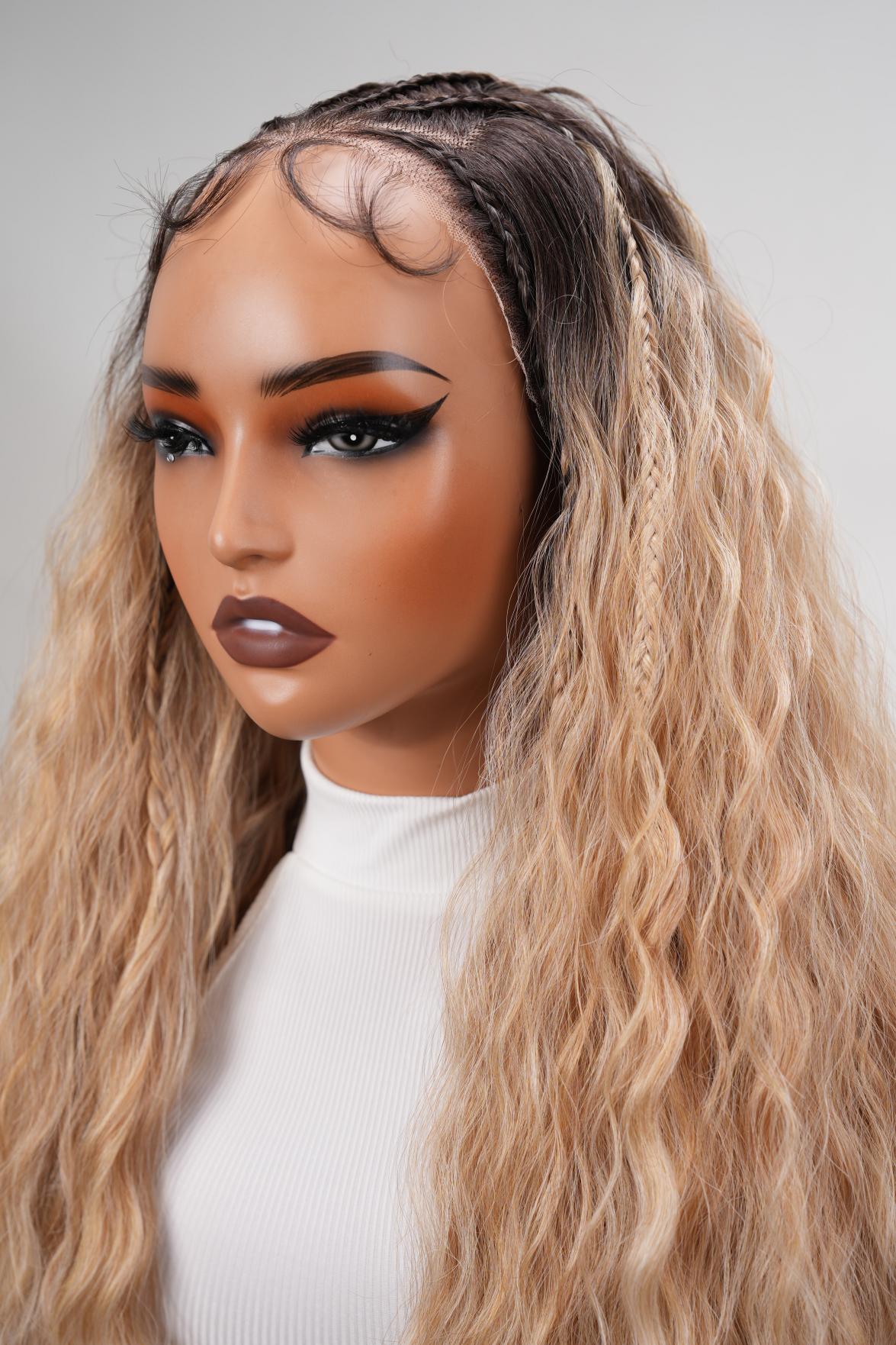 NOBLE 25 Inch Brown-gold gradient braided wavy curls with lace detailing for long waves
