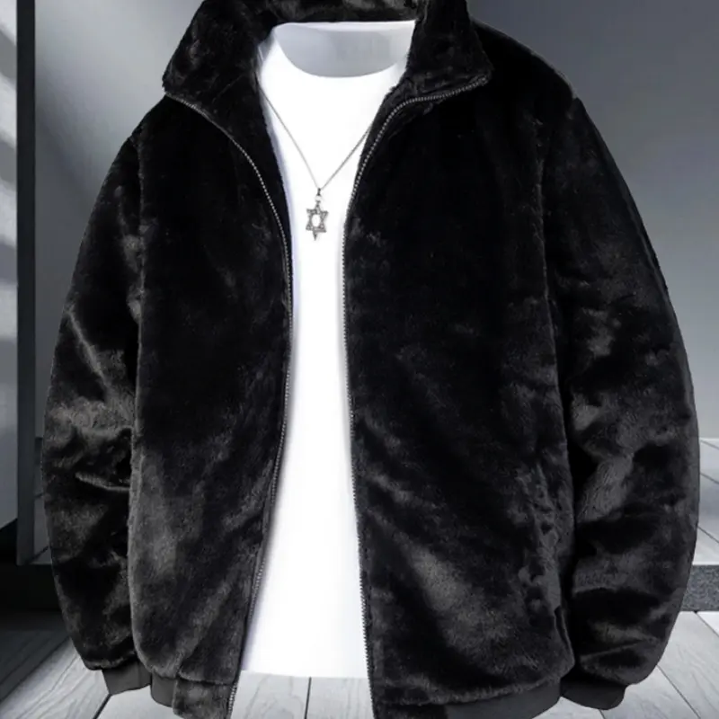 Men's Winter Plush Imitation Mink Velvet Fleece Lapel Jacket - Thick, Warm, Plus-Size, Stylish Long-Sleeve Hooded Zip-Front Menswear Outerwear for Snow, Old Money Outfits (Long Sleeve Tops Included)