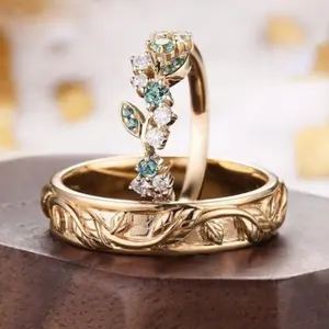 2pcs/Set Vintage French Elegant Leaf Wrapped Couple Rings Set with Cubic Zirconia - Ideal for Engagement, Wedding, Anniversary, Valentine's Day, Christmas, Mother's Day Gift for Lover