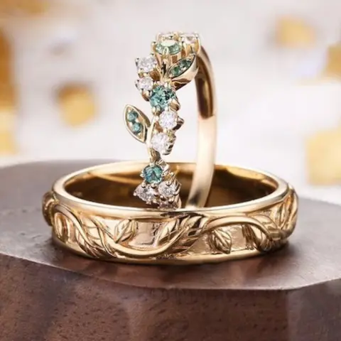 2pcs/Set Vintage French Elegant Leaf Wrapped Couple Rings Set with Cubic Zirconia - Ideal for Engagement, Wedding, Anniversary, Valentine's Day, Christmas, Mother's Day Gift for Lover