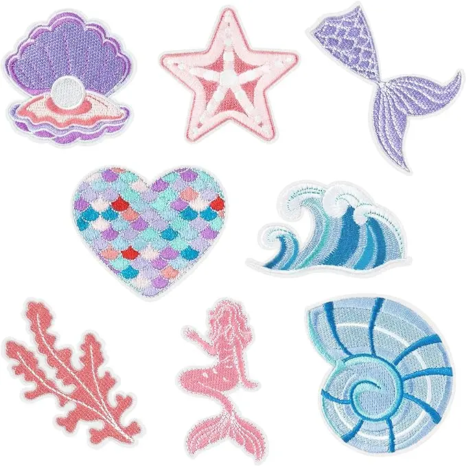8 Pcs Little Mermaid Iron on Patches Pretty Cartoon Seashell Pearl Mermaid Tails Sew on Embroidered Applique Repair Embroidery Patch DIY Craft Accessories for Kids Girls Clothing Backpack Hat