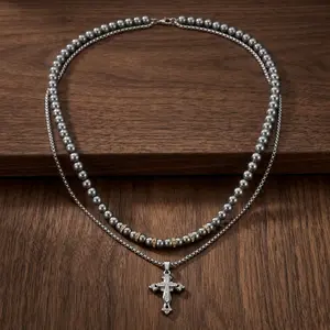Men’s 2-Piece Layered Cross Necklace – Double Loop Imitation Pearl, Rustproof & Skin-Friendly, Shiny Metal for Beach, Party, Wedding or Daily Wear – Perfect Couple Gift Idea