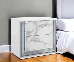 HomeRoots 564663 25 in. White Two Drawer Wood & Faux Marble Lighted Nightstand