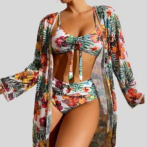 Women Swimsuit Bikini 3 Pieces Sexy Padded Bikini Set With Mesh Long-sleeved - Cool and Comfortable Polyester Material - Gift For Her