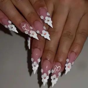 Dreamy Flower Nails 3D Stiletto Press On Nails Ombre White Color Gel Flower Design for Special Occasions
