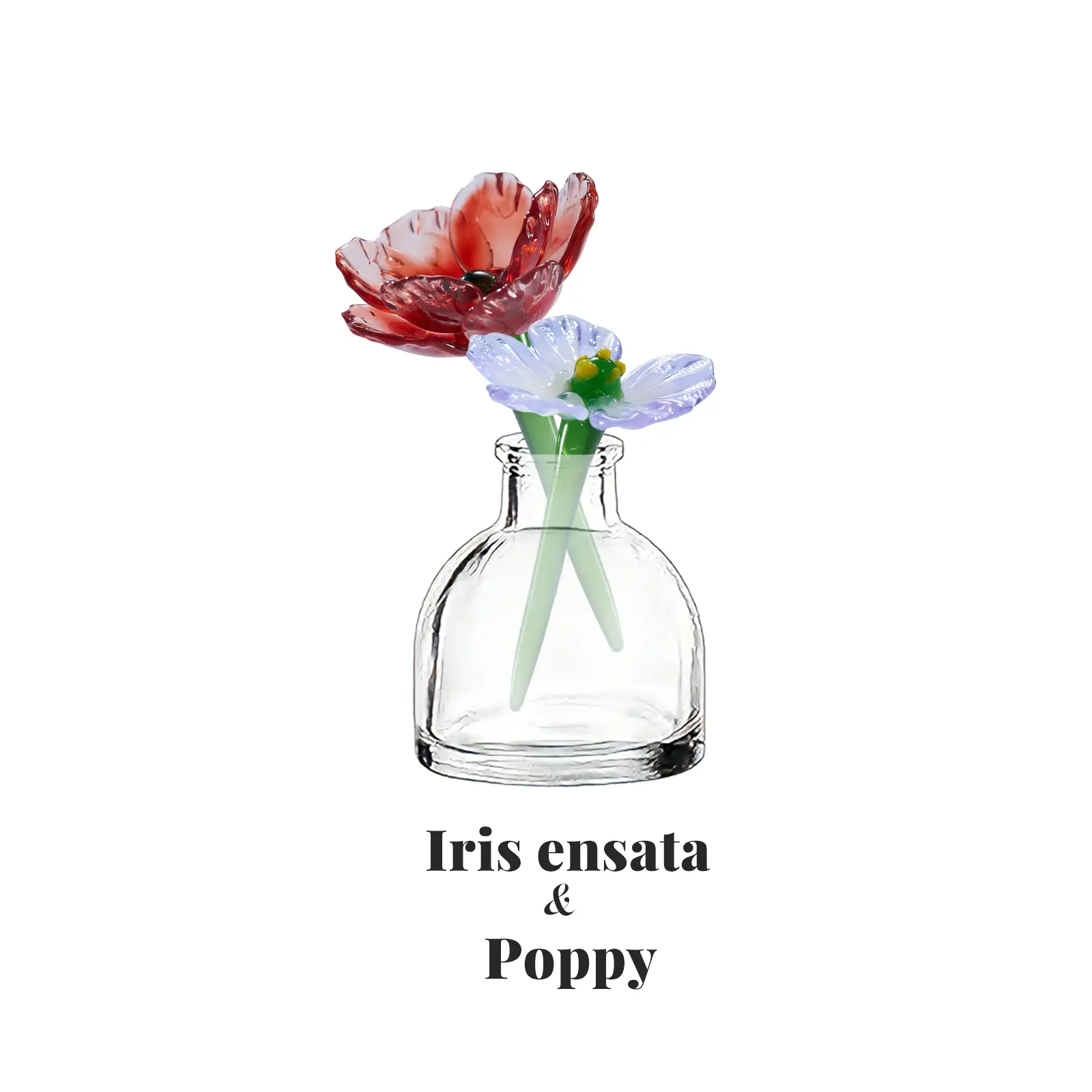 August Birth Flower Gift Set, Handmade Glass Poppy & Japanese Iris (Iris ensata) Flowers with Mini Vase, 3-Piece Forever Flower Arrangement, Small Desk & Shelf Decor, Birthday Gift for Her, Mom, Wife, Girlfriend, Flower Lover Keepsake