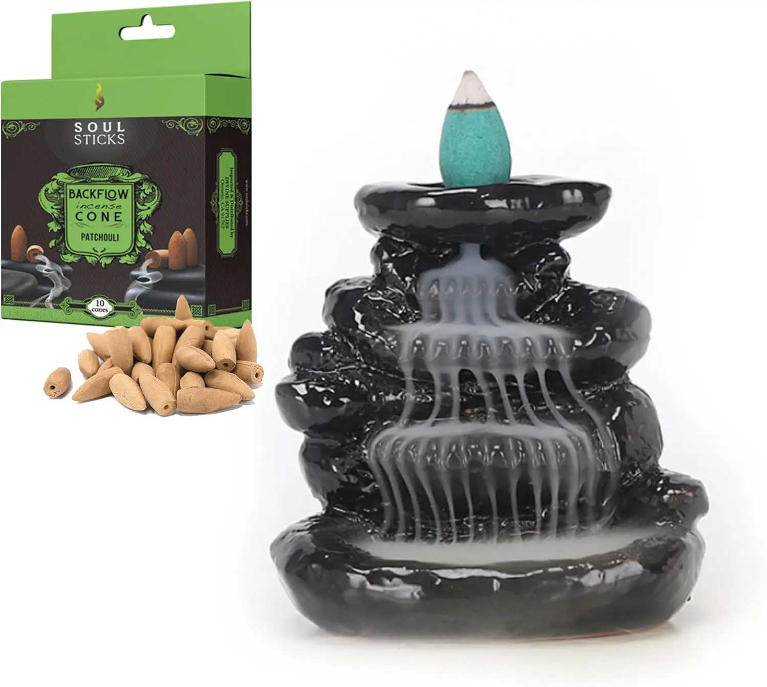 Emerald Falls Backflow Burner with Patchouli Backflow Cones Set