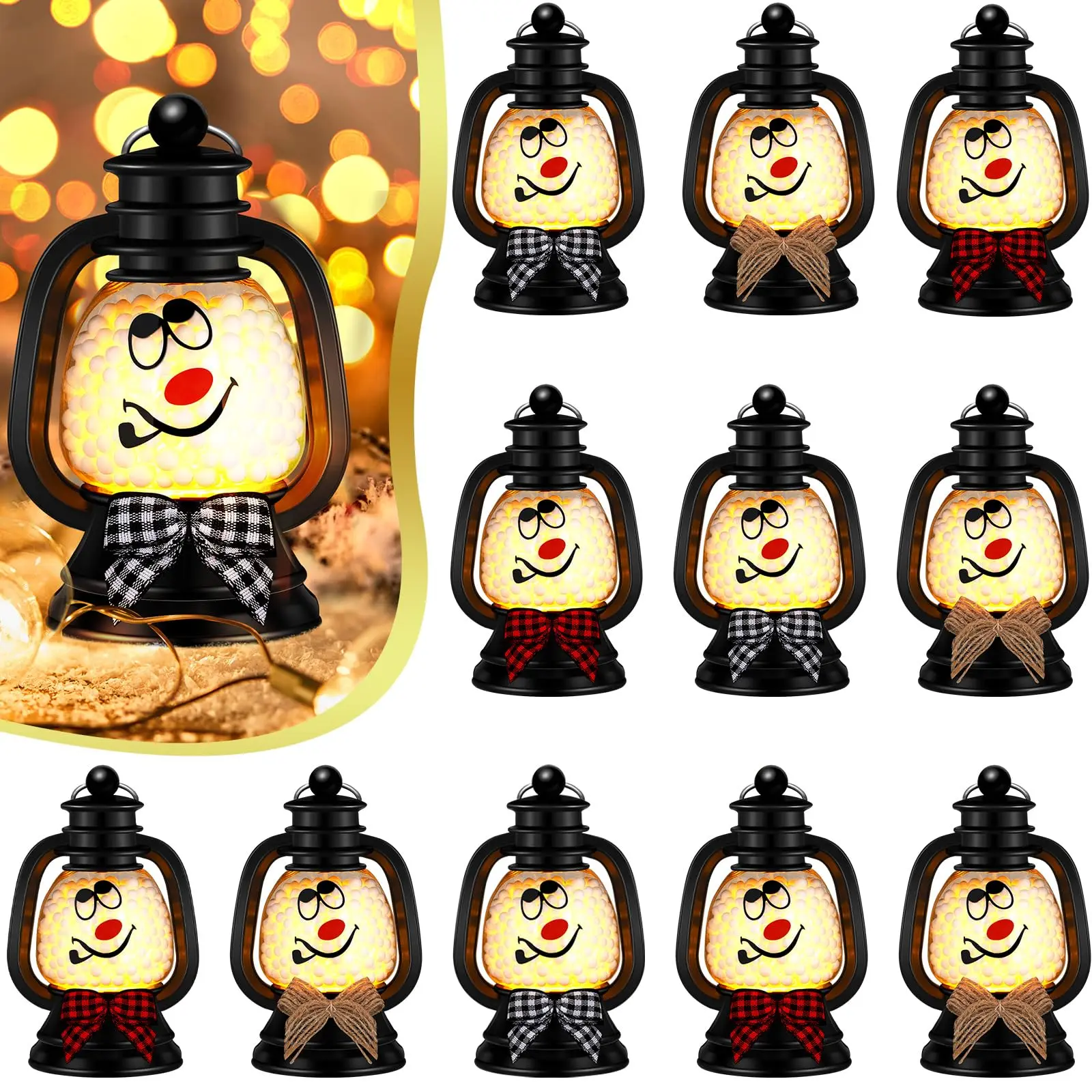 12/24 Set Christmas Mini Snowman Lantern with LED Candle Buffalo Plaid Bow Glowing Christmas Ornaments Table Centerpieces for Coworker Family Besties Boys Girls for Secret Santa Stocking Stuffers Empolyee Appreciation Gifts Office Party Game Favors