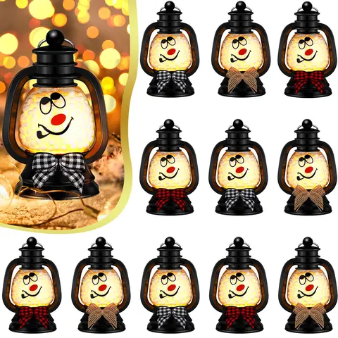 12/24 Set Christmas Mini Snowman Lantern with LED Candle Buffalo Plaid Bow Glowing Christmas Ornaments Table Centerpieces for Coworker Family Besties Boys Girls for Secret Santa Stocking Stuffers Empolyee Appreciation Gifts Office Party Game Favors