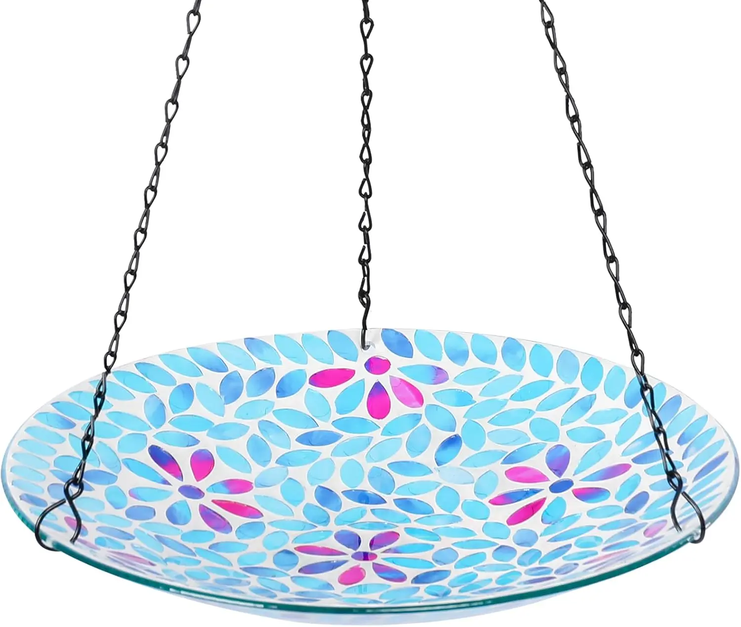 Hanging Bird Bath, Glass Mosaic Bird Baths for Outdoors Birdfeeder with 21 inch Rust-Proof Chain for Garden Yard Decor, Flower
