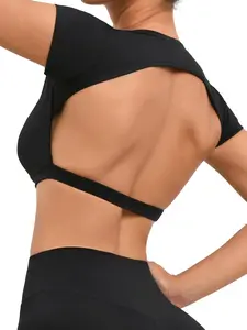 Women's Solid Backless Crop Sports Tee, Sporty Round Neck Short Sleeve T-shirt for Yoga Gym Workout, Ladies Sportswear for All Seasons, Activewear, Workout Clothes Women, Fitness Top, Gym Tops, Casual Sporty Top, Athletic Fashion Activewear