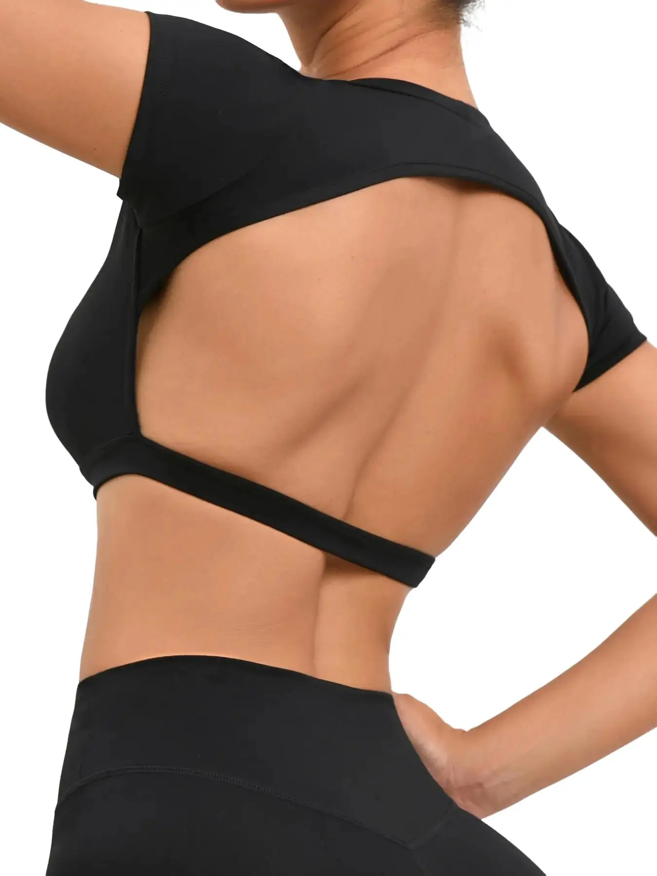 Women's Solid Backless Crop Sports Tee, Sporty Round Neck Short Sleeve T-shirt for Yoga Gym Workout, Ladies Sportswear for All Seasons, Activewear, Wo