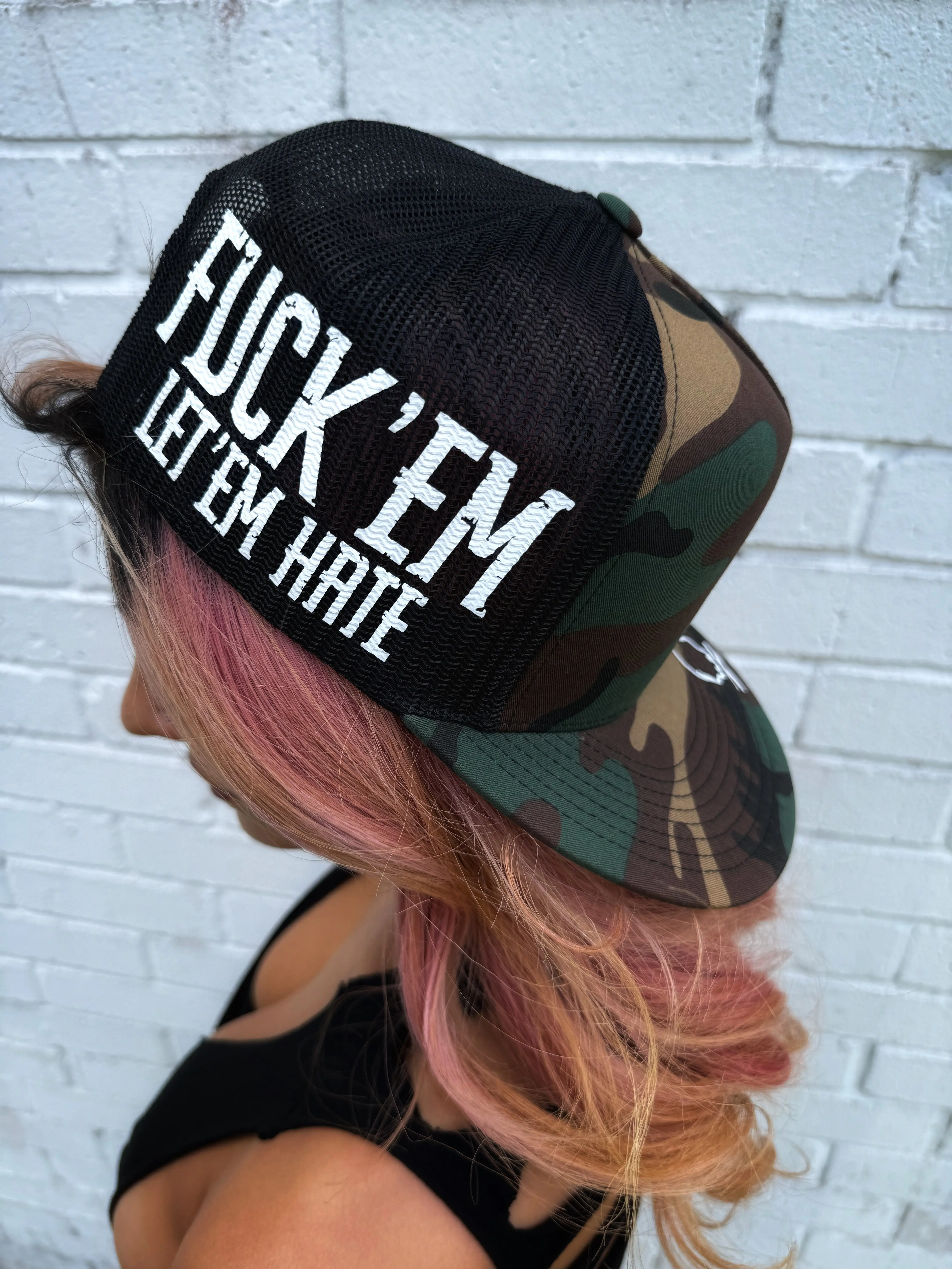 Unisex Cotton Mesh Camouflage Snapback Hat - Flat Bill, Let 'Em Hate Side Style, One Size Graphic Trucker Hat, Fashion Clothes Accessory