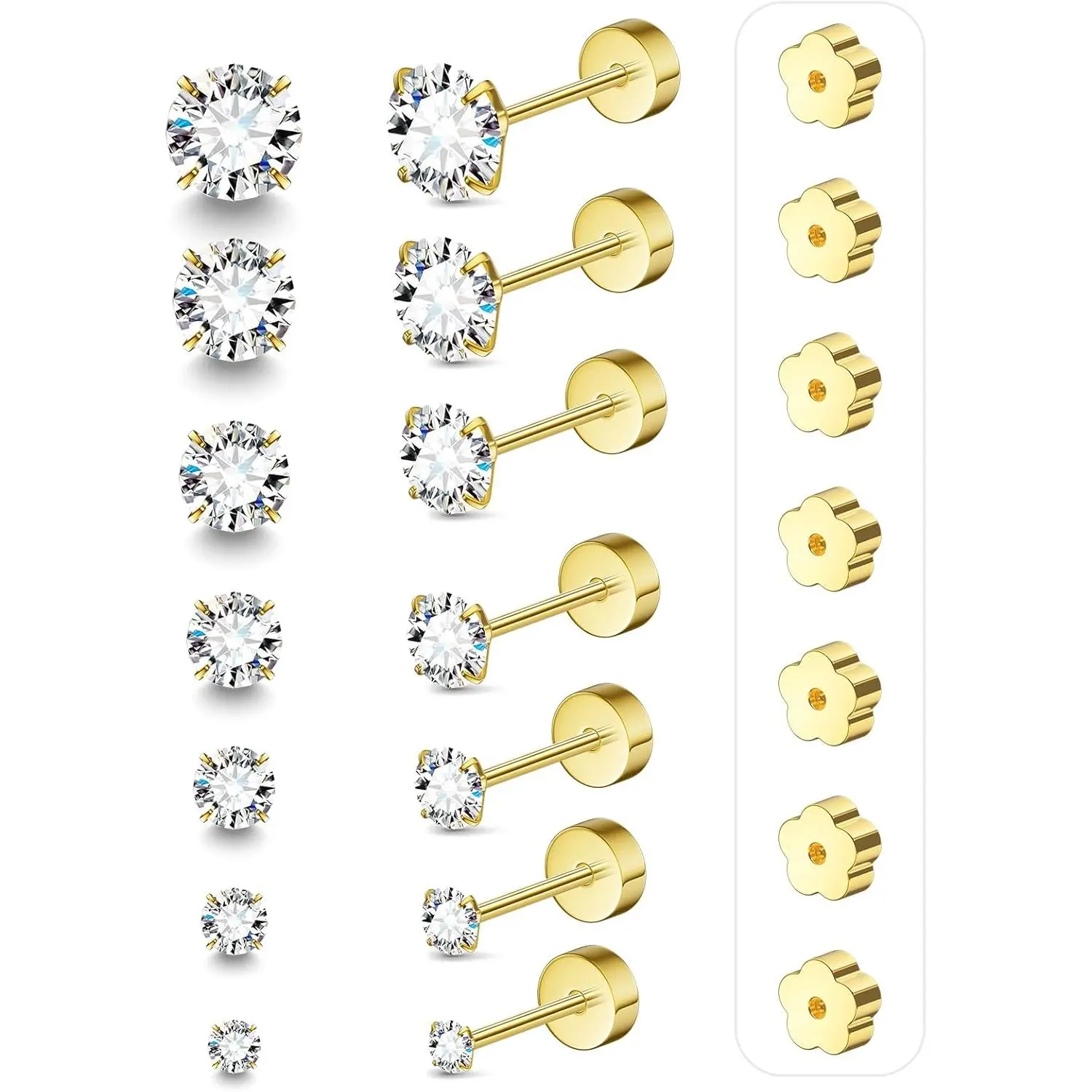 7 Pairs 20G Flat  Earrings for Women Men,   14K  Stainless Steel Cartilage Stud Earrings - Bonus Plum Blossom FlatBack Studs for Multiple Piercing  Ears CZ 2-8mm