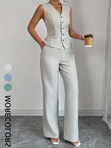 Two-piece Set Women's Solid Vest Blazer & Straight Leg Pants Set, Casual Fashion  Outfits for Daily Wear, Ladies Clothes for All Seasons, Suits