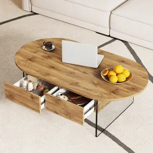 Cozy Natural Oval Double Drawer Coffee Table - 43.3"x23.6" Multi-Functional Design.The board surface is MDF sticker, and both sides are transparent tempered glass.