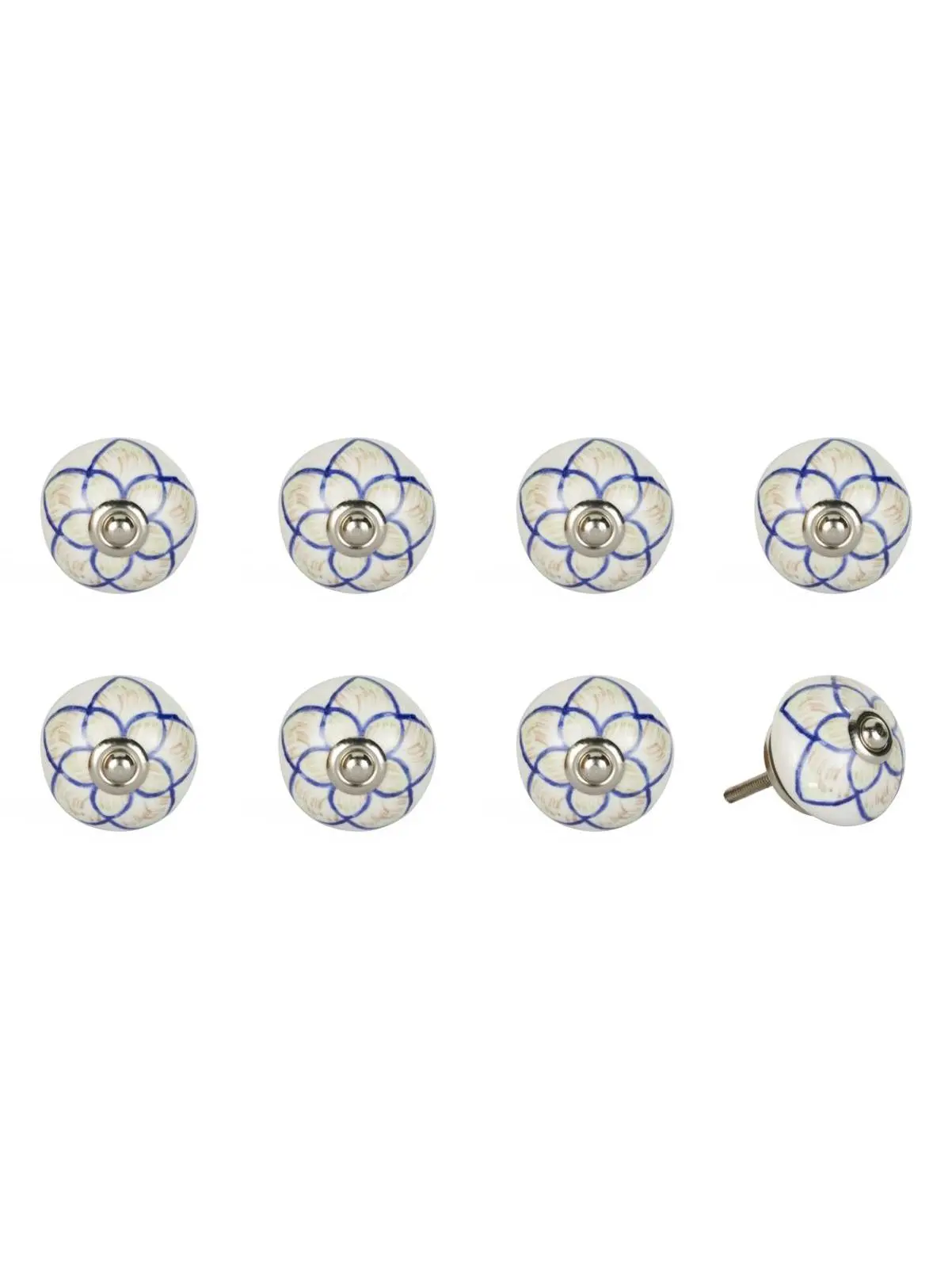 212 MAIN 1.5 x 1.5 inches Blue & Cream Hand-Painted by Talented Artisans Flower Floral Pattern Ceramic-Metal Drawer Pull Doorknobs - Set of 8, Easy Installation, for Traditional Style Living Room Home Decor