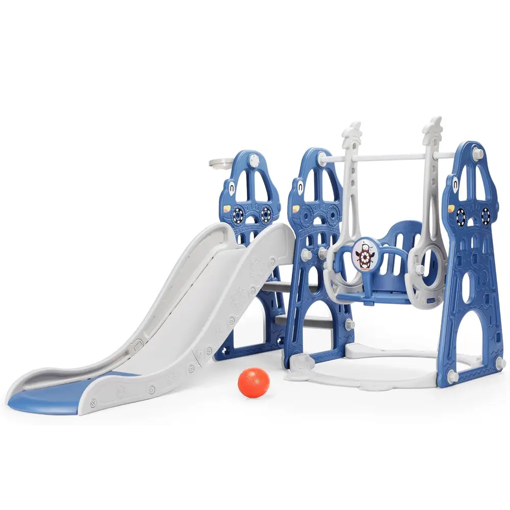Rengue 4 in 1 Toddler Swing and Slide Set for Age 1-6 Indoor Playground for Children Baby Swing Set with Slide, Climber, Basketball Hoop and Long Slid