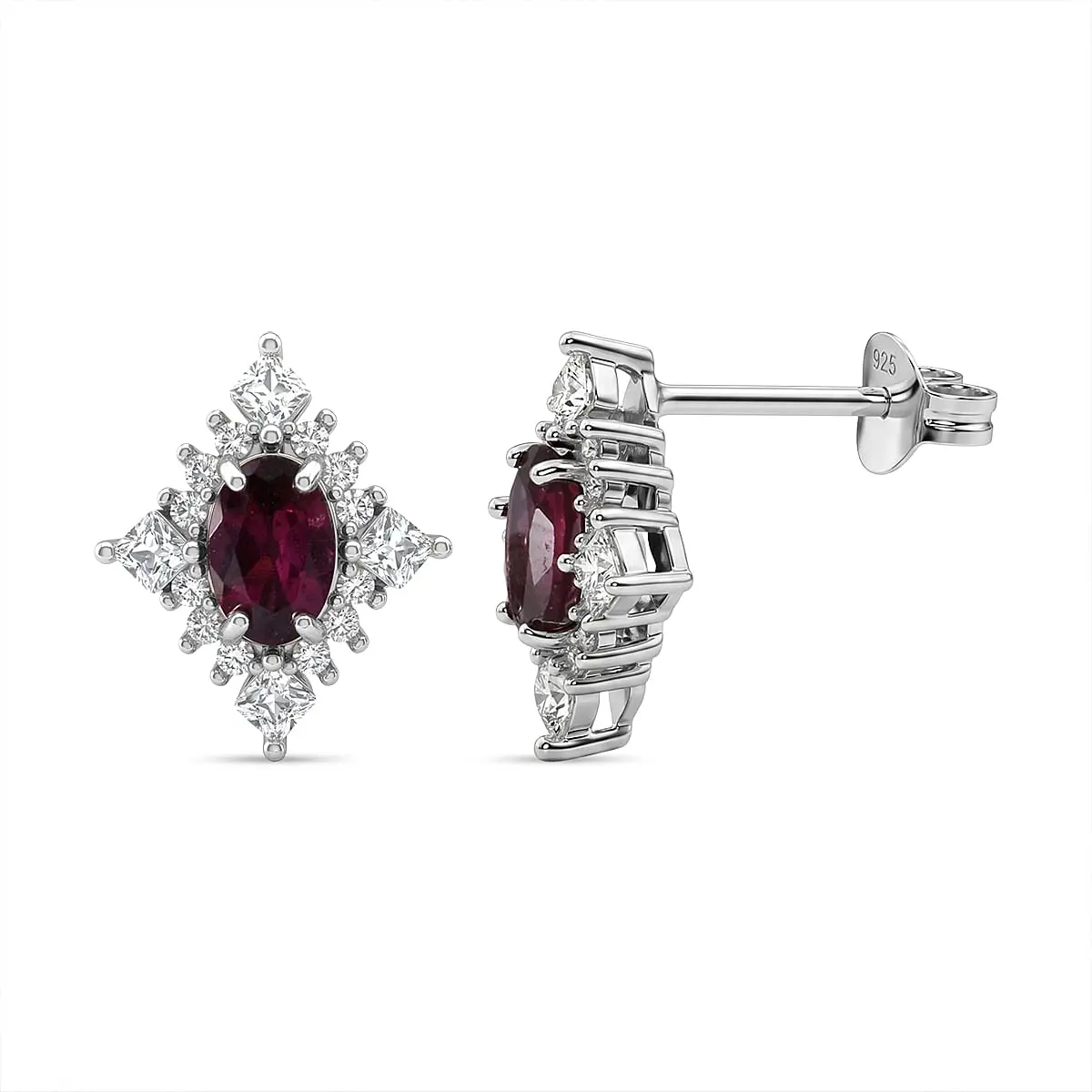 D'Joy Malawi Magenta Garnet, White Zircon Midnight Halo Earrings in Rhodium Over Sterling Silver 1.80 ctw