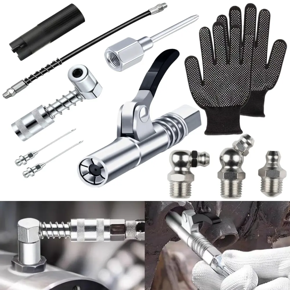 11 pcs Grease Gun Fittings Kit Includes Needle Dispenser, Needle Nozzles, Coupler Adapter with Sleeves, Coupler, Hose, Zerk Fitting Cleaner