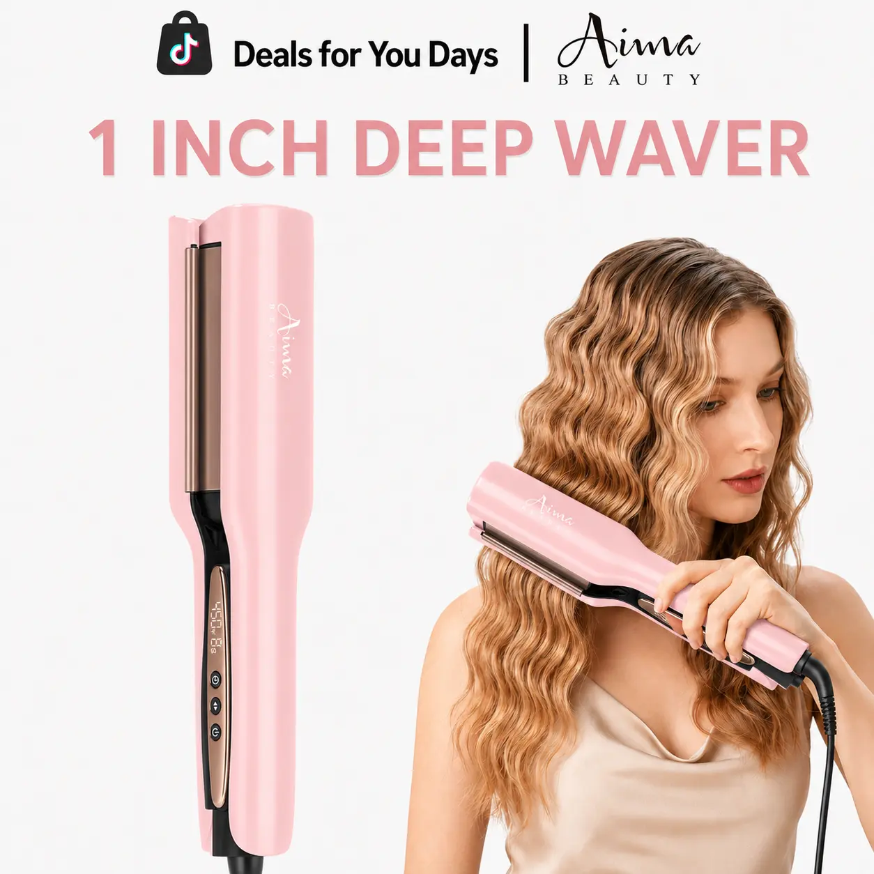 【DEEP WAVER】Aima Beauty 1 Inch Deep Beach Waves Hair Crimper,Negative-lonic Frizz-Free Curling Iron for All Hair Types, Smart Timer, Adjustable Temps,Travel Dual Voltage Anti-Scald Long Lasting Style Mermaid Hair Waver for Women Hair Tools Gift
