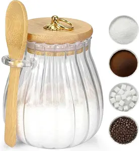 Glass Sugar Jar with Bamboo Top and Spoon, 15oz Refillable Sweetener Container for Coffee Stations, Kitchen Styling, Holiday or Housewarming Present