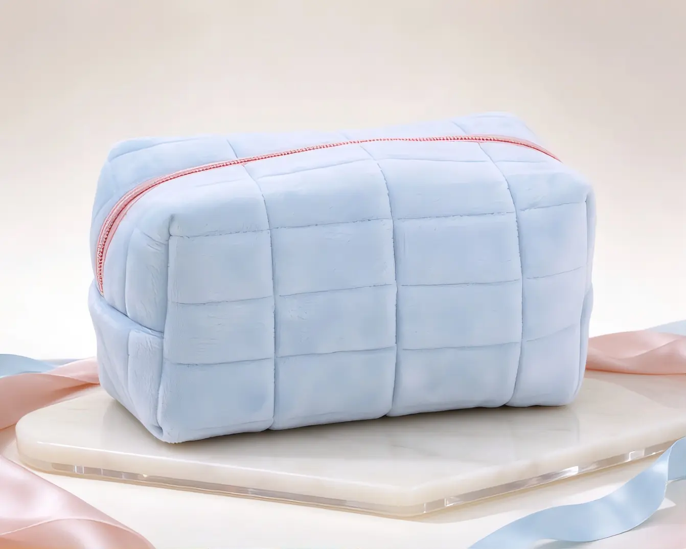 Quilted Fluffy Makeup Pouch, Soft Grid Plush Cosmetic Bag, Portable Travel Toiletry Bag for Women