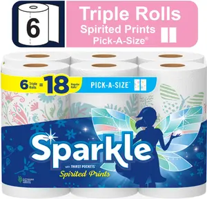 6 Triple Rolls Size Paper Towels, Unscented, 1-Ply, Half Sheet, Spirited Prints - Pack Toilet Wipes Cleaning
