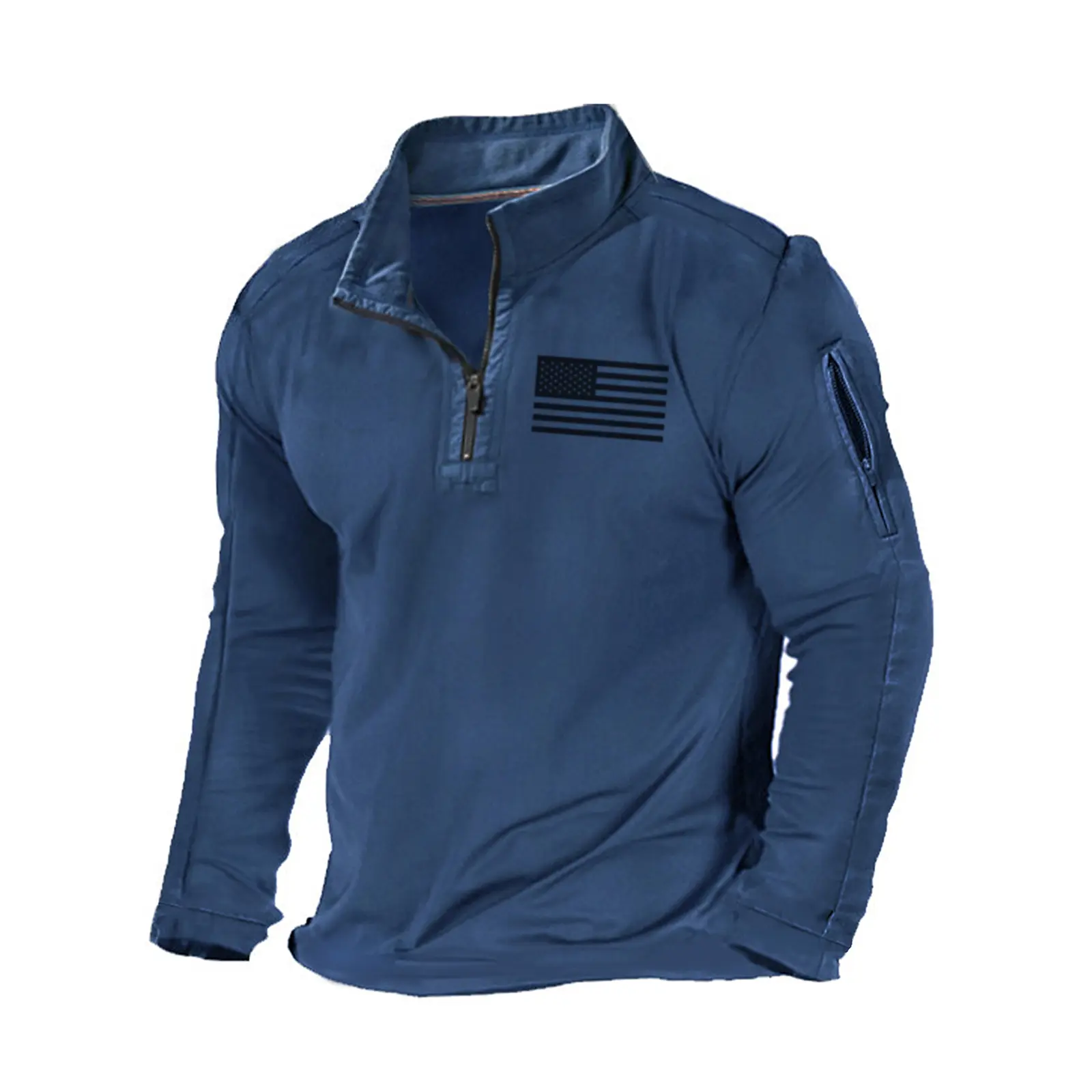 H HYFOL Men's USA Flag Graphic Pocket Pullover American Patriotic 1/4 Zip Stand Collar Long Sleeve Sweatshirts