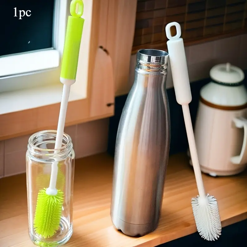 Long handled multifunctional silicone cup brush, bottle brush cleaner, 360 degree rotating cleaning brush, suitable for bottles, cups, and containers, reusable kitchen cleaning tool with PC handle, Baby Bottle