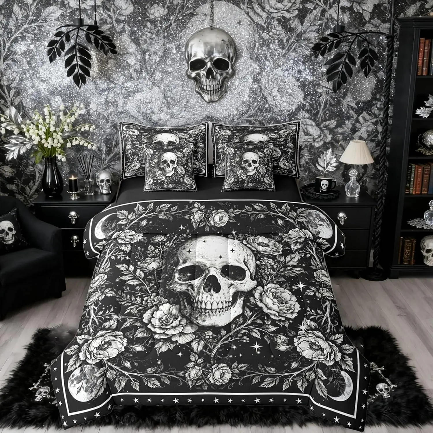 Goth Comforter Set with Sheets | Sugar Skull 7 Piece Bedding Set Halloween Skeleton Decorations Vintage Floral Bed in a Bag,Spooky Bone Room Decor Black Gothic Decor