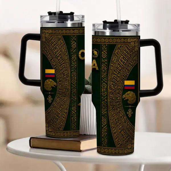 40oz BPA-Free Insulated Stainless Steel Coffee Mug Flask Tumbler with Lid, Handle Grip, Straw, Printed Colombia-Inspired Aztec Heritage Design, Green-Gold Tribal Calendar Pattern, Colombia Flag Eagle Graphic, No-Fading Graphics, Soccer Fan Gift
