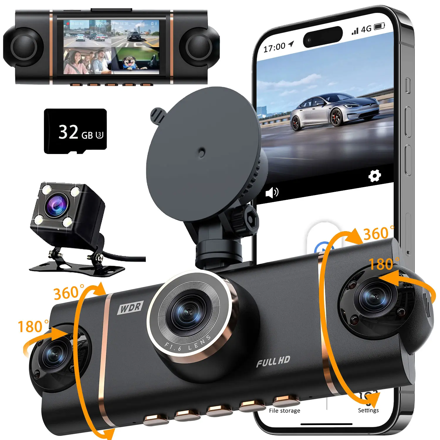 4 Channel Dash Cam 360° View, 1080P Full HD Front and Rear Inside, Left Right Dash Camera for Cars, WiFi Dashcam, Car Driving Recorder, 8 IR Lamps Night Vision, WDR, 5G WiFi & APP Control, Settings, File Storage, G-Sensor, Parking Mode, with 32GB SD Card